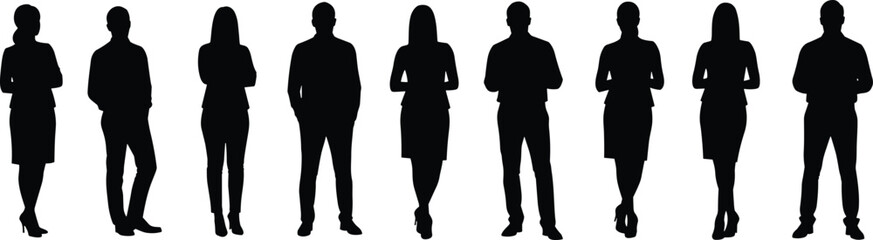 Business silhouettes, male and female professionals, standing in row, corporate attire, black and white vector, team concept, workplace diversity illustration