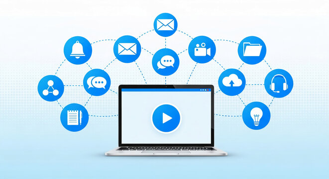 Laptop display with play button, surrounded by communication icons, illustrating online collaboration, video conferencing, and digital networking concepts