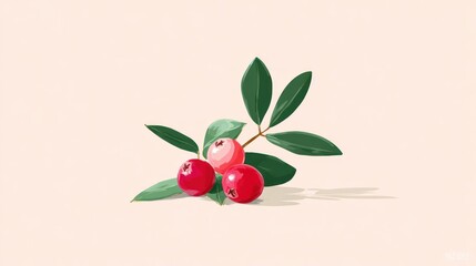 Red berries with lush green leaves on a light beige background