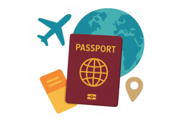 International travel concept with passport and airplane on transparent background