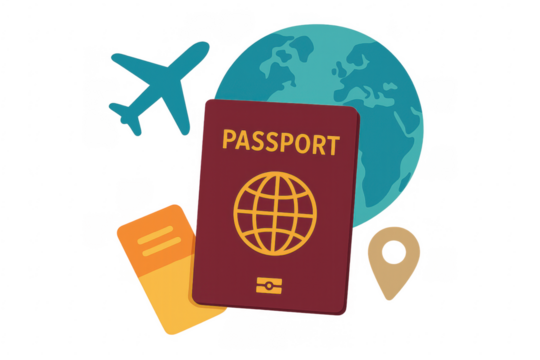 International travel concept with passport and airplane on transparent background
