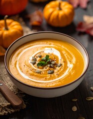 Pumpkin soup photos, autumn rustic background