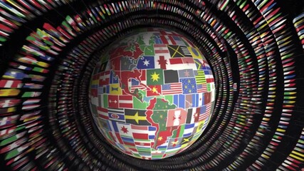 3D animation of rotating globe covered with international country flags surrounded by endless circle of waving flags global unity diversity world nations multicultural concept  Vertical video - Powered by Adobe