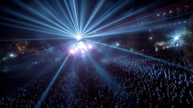 Electric symphony: The photograph captures the energetic atmosphere of a live concert, where beams of vibrant lights explode outward, illuminating a crowd of dedicated fans.