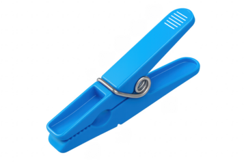 Blue plastic clothespin holding clothes on transparent background