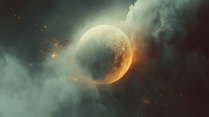 Enigmatic Celestial Moon Surrounded by Ethereal Clouds and Light