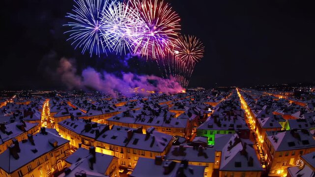 Colorful fireworks light up the night sky above a snowy town, casting a magical glow over rooftops and warmly lit streets. The breathtaking winter scene captures the joy and wonder of a festive celebr