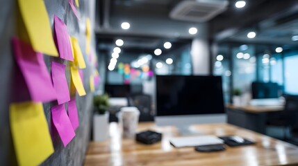 Modern office workspace with sticky notes and computers promoting creativity and business productivity