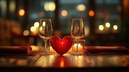 Romantic Dinner Setting with Heart-Shaped Candle and Wine Glasses