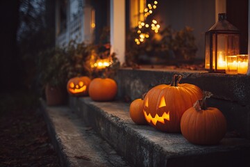 Obraz premium Halloween pumpkins glowing on porch with candles