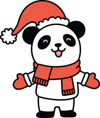 A Cute Cartoon Panda Character Wearing a Red Santa Hat, Scarf, and Mittens, Waving for a Christmas, Winter Holiday, or Greeting Card Design Vector.
