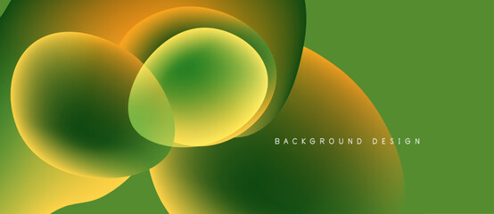 Abstract vibrant shapes overlap. Green, orange, yellow hues blend smoothly creating modern design. Simple background texture present.
