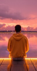 A person sits in contemplation, observing a serene sunset reflecting on the still water of a lake.