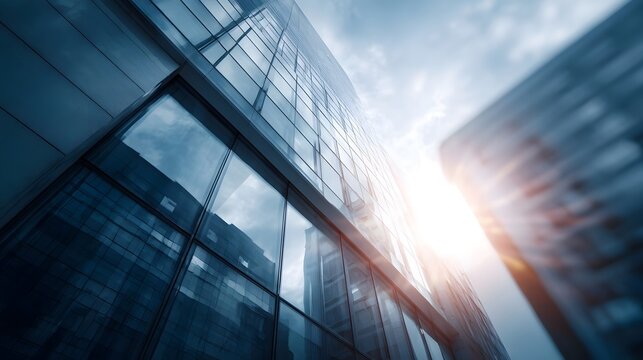 Low angle view of modern glass skyscrapers with bright sunlight and reflections against a clear blue sky
