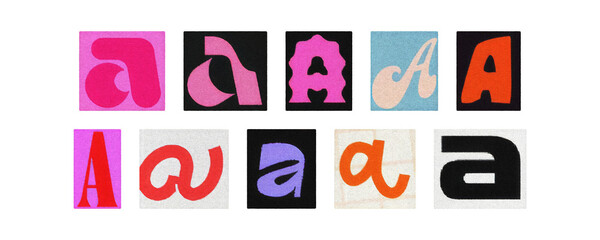 Colorful letter A collage from magazine clippings, isolated transparent PNG
