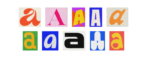 Assorted letter A glyphs, uppercase and lowercase, cutout set on PNG
