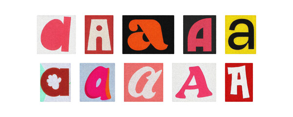 Assorted letter A glyphs, uppercase and lowercase, cutout set on PNG
