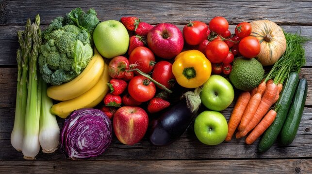 A vibrant assortment of fresh vegetables and fruits beautifully arranged on a rustic wooden background. - Powered by Adobe
