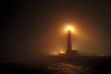 Lighthouse shining through fog at night with glowing beam