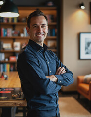 Fototapeta premium Game specialist standing confidently beside a well-organized hobby area