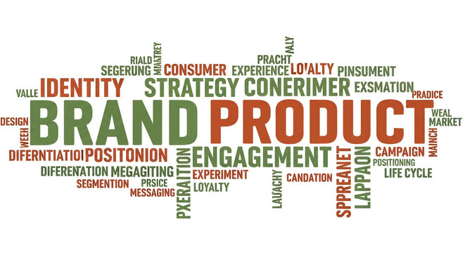 Word cloud showcasing brand and product, encompassing strategy, identity, consumer experience, and market engagement concepts