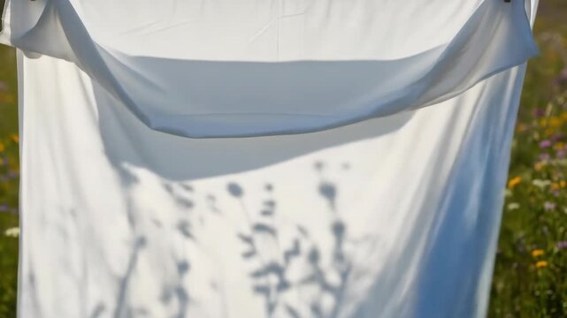 Clean white sheet drying outdoor in summer, with flower shadows. Laundry background in nature. Breezy day with clean cloth. Fresh air, sun light.