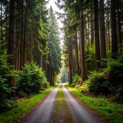 Obraz premium Forest road through tall trees