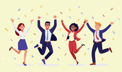 Group celebrating successful project launch with confetti, flat vector corporate teamwork and achievement concept illustration	
