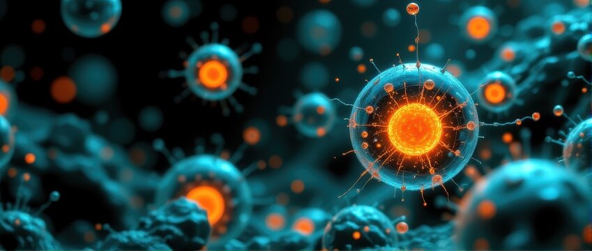 surreal futuristic glowing cell mitosis microscopic biology concept teal orange sparks dreamlike lum