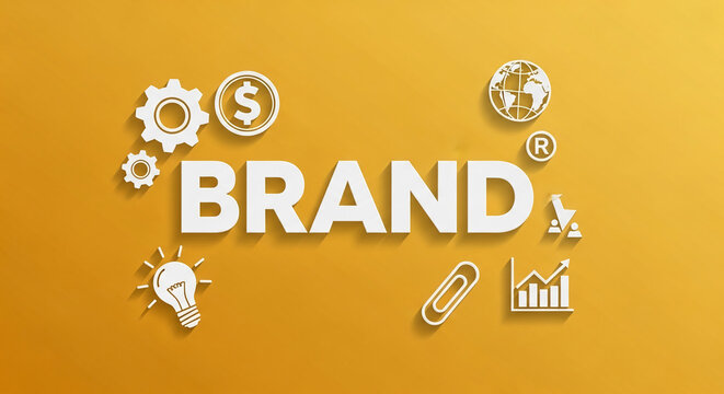 White "BRAND" word with business icons on yellow background, showcasing branding concepts, ideal for marketing or business presentations, free space for text