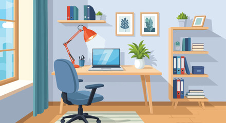 Fototapeta premium Modern, bright, and organized home office illustration with a wooden desk, laptop, ergonomic chair, decorative shelves, and natural light, ideal for remote work or studying