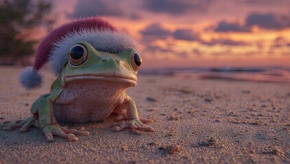 Frog in santa hat on beach at sunset festive holiday concept