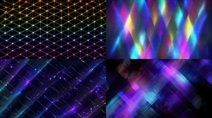 Four abstract images featuring geometric patterns with vibrant colors and luminous effects on a dark background