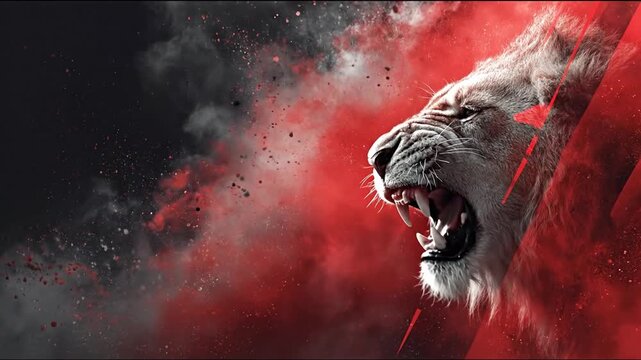 Roaring lion head against abstract background with red and black hues