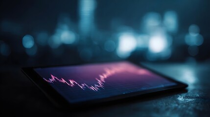 A digital tablet displays a vibrant financial chart against a blurred bokeh city background at night
