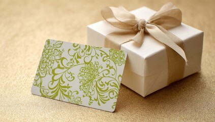 Gift box and card with floral design on gold background