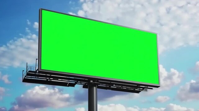 Digital billboard mockup with green screen center 4k, outdoor advertising template, moving clouds in sky, media promotion, commercial signage, urban marketing and display space footage

