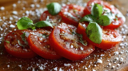 Fresh sliced tomatoes garnished with herbs and cheese on a wooden board, ideal for healthy meals and recipes.