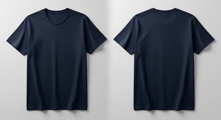 Front and back view of a blank navy blue t-shirt on a white background.