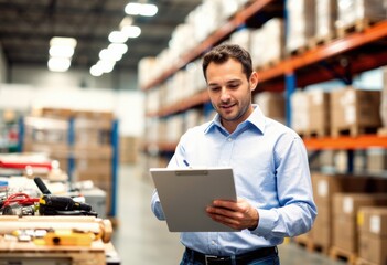 Fototapeta premium Warehouse quality inspector checking goods with a clipboard in hand