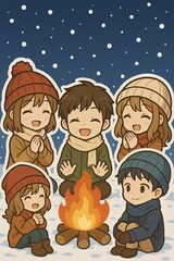 Winter Gathering, Friends, Cozy Campfire, Snowy Landscape, Illustration, Warm Atmosphere, Joyful Expressions