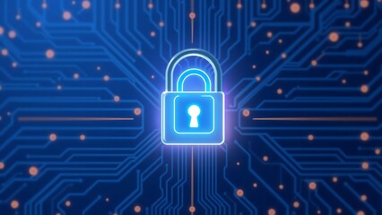Glowing Padlock on Blue Circuit Board, Digital Security Concept