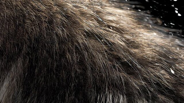 Close-up of wolf fur shaking off water drops, macro wildlife photography capturing texture, wilderness and raw natural power in cinematic detail.