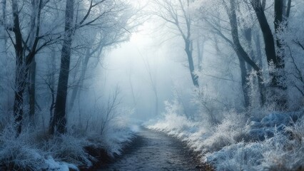 Fototapeta premium Frozen forest path, pale blue light