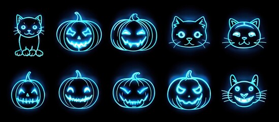 Glowing neon halloween symbols pumpkins and cats on black background