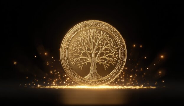 Golden tree of life coin symbolizing growth and prosperity