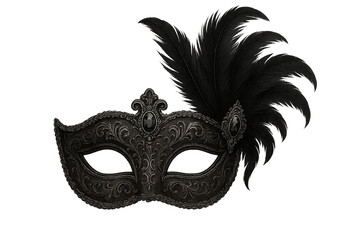 Black ornate masquerade mask with feathers for Halloween, isolated background