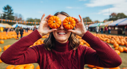 Woman in maroon sweater playfully holds pumpkins over eyes at autumn festival background, conveying joy and fall season spirit