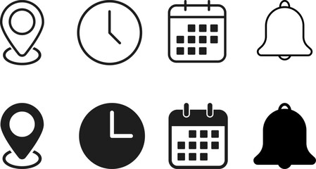 date time location notification icon set. Address, time, calendar bell notification icons collection. Clock, Address location and date Calendar symbol