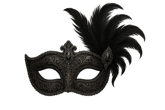 Black ornate masquerade mask with feathers for Halloween, isolated background